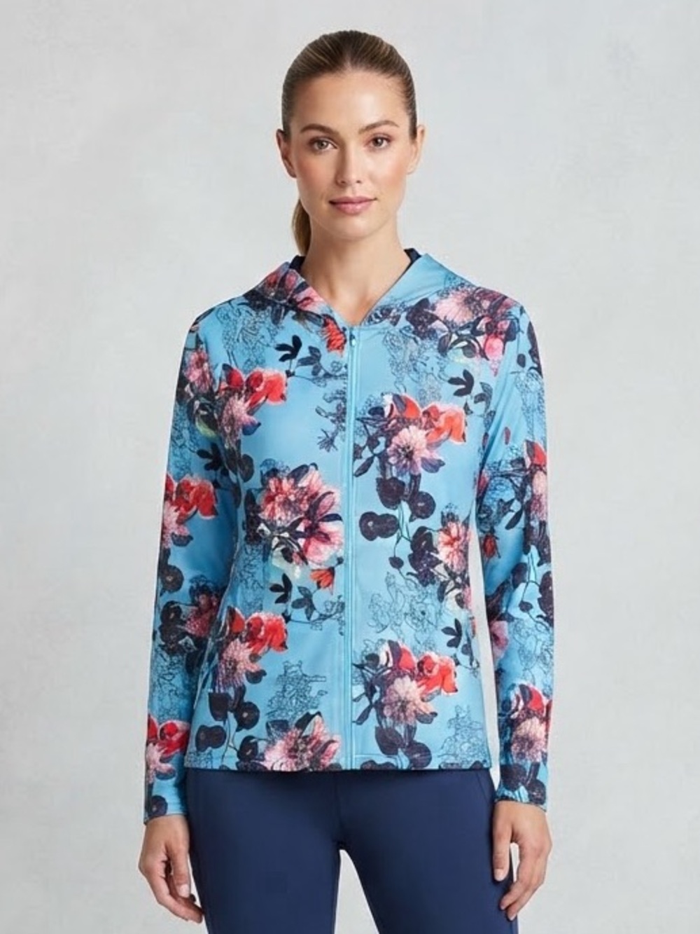 FORAY GOLF Divine Floral Printed Hoodie M 20” p2p Blue Multi $160 Retail NWOT